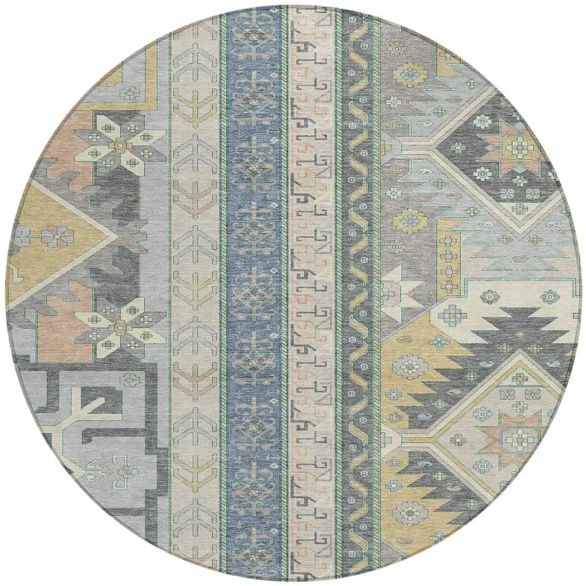 8' Silver Beige And Gold Round Aztec Washable Indoor Outdoor Area Rug Photo 6
