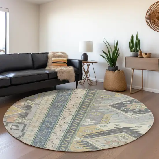 8' Silver Beige And Gold Southwestern Washable Round Rug With UV Protection Photo 4