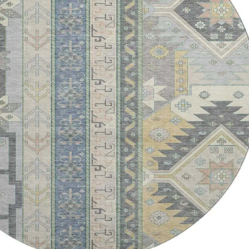 8' Silver Beige And Gold Southwestern Washable Round Rug With UV Protection Photo 2