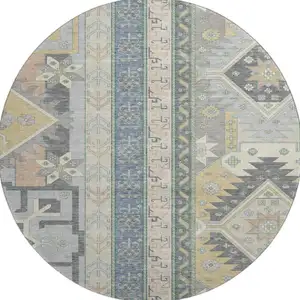 Photo of 8' Silver Beige And Gold Southwestern Washable Round Rug With UV Protection