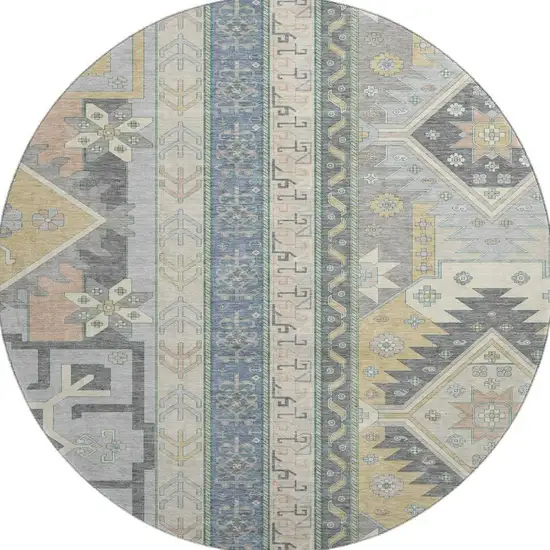 8' Silver Beige And Gold Southwestern Washable Round Rug With UV Protection Photo 3