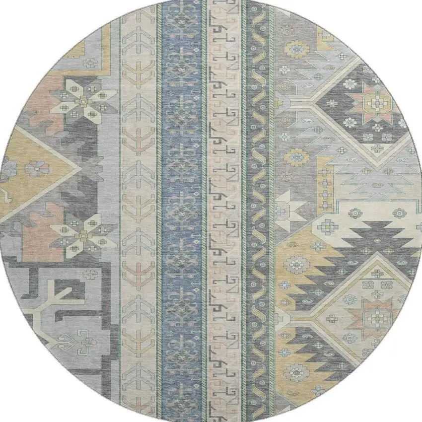 8' Silver Beige And Gold Southwestern Washable Round Rug With UV Protection Photo 3