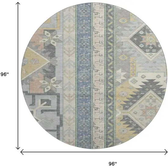 8' Silver Beige And Gold Southwestern Washable Round Rug With UV Protection Photo 9