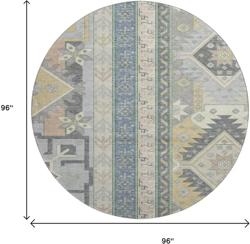 8' Silver Beige And Gold Southwestern Washable Round Rug With UV Protection Photo 9