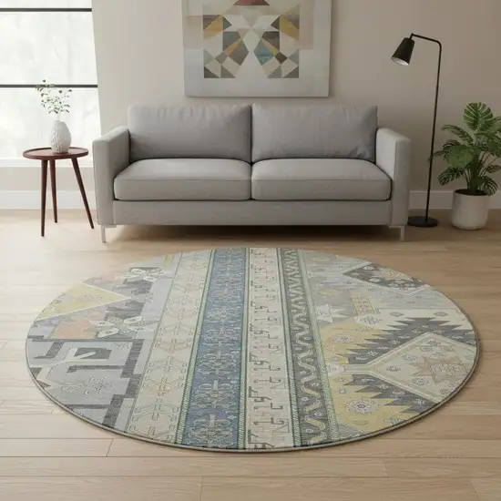 8' Silver Beige And Gold Southwestern Washable Round Rug With UV Protection Photo 2