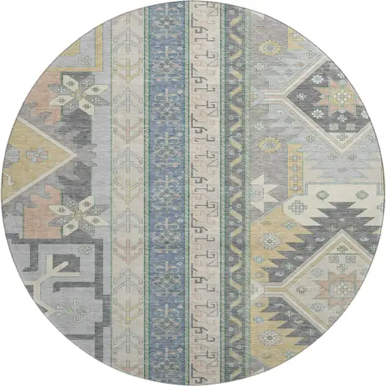 8' Silver Beige And Gold Southwestern Washable Round Rug With UV Protection Photo 1