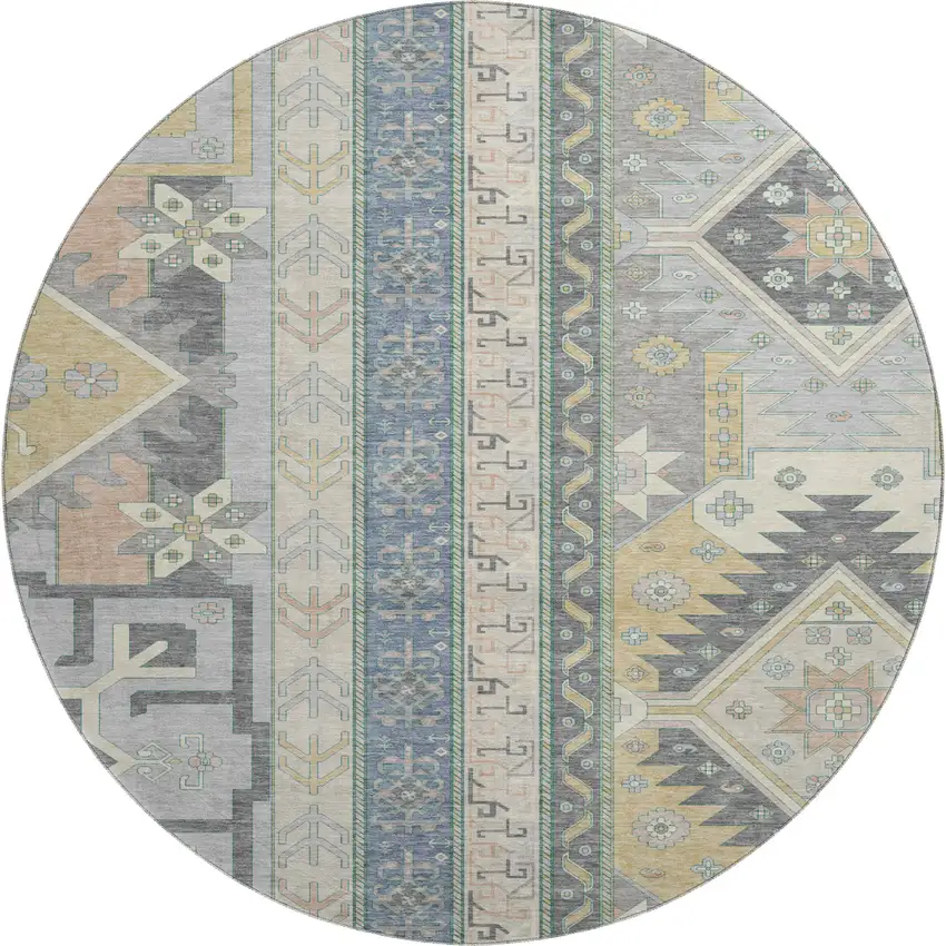 8' Silver Beige And Gold Southwestern Washable Round Rug With UV Protection Photo 1