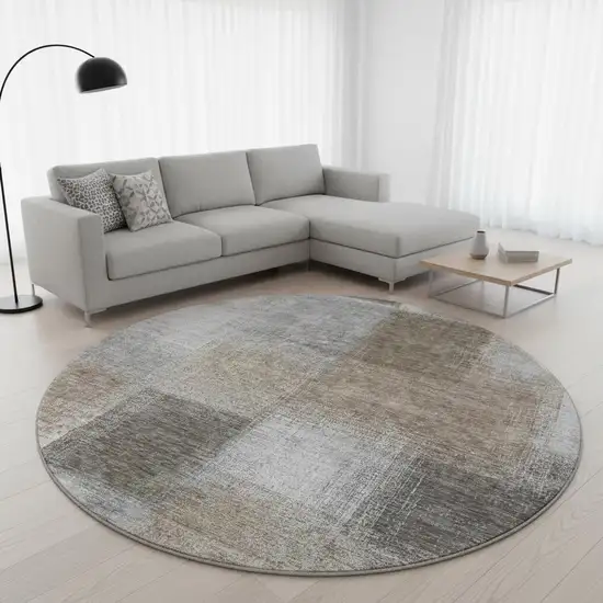 8' Silver Beige And Gray Abstract Washable Round Rug With UV Protection Photo 2