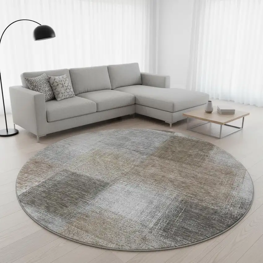 8' Silver Beige And Gray Abstract Washable Round Rug With UV Protection Photo 2