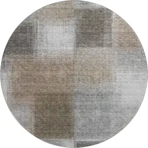 Photo of 8' Silver Beige And Gray Abstract Washable Round Rug With UV Protection