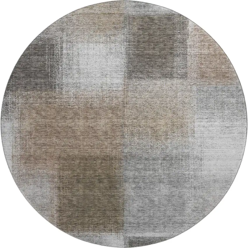 8' Silver Beige And Gray Abstract Washable Round Rug With UV Protection Photo 1