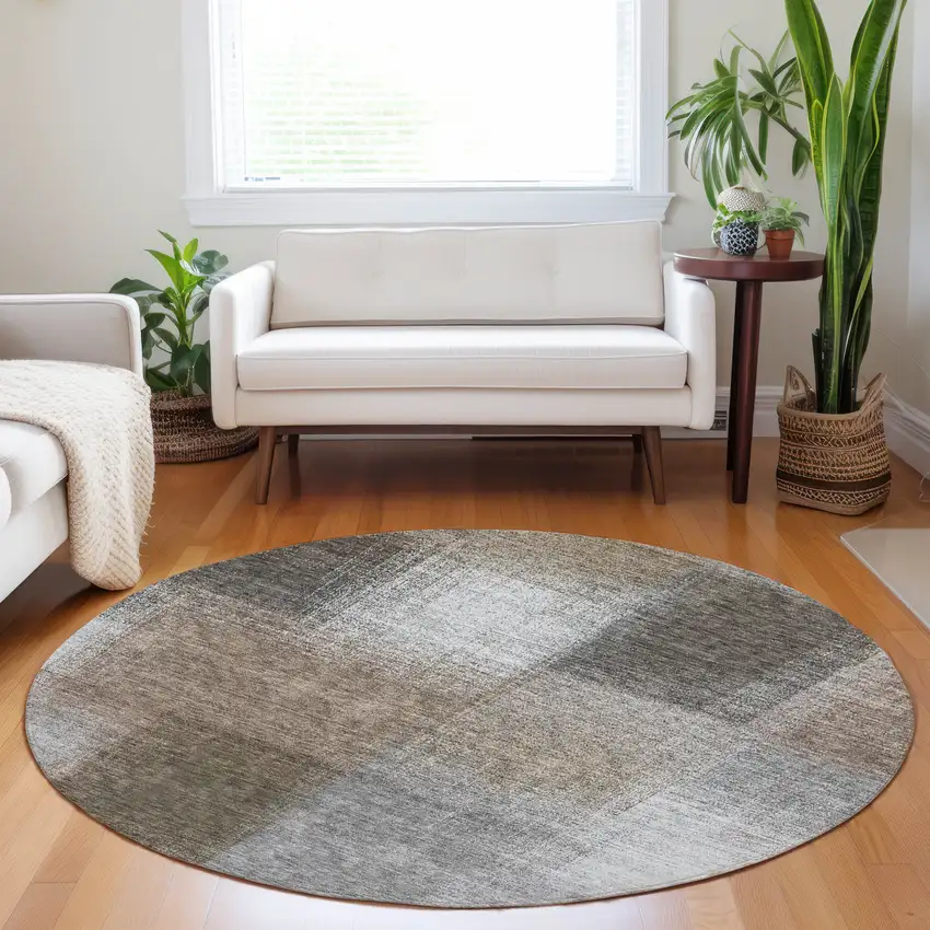 8' Silver Beige And Gray Abstract Washable Round Rug With UV Protection Photo 5