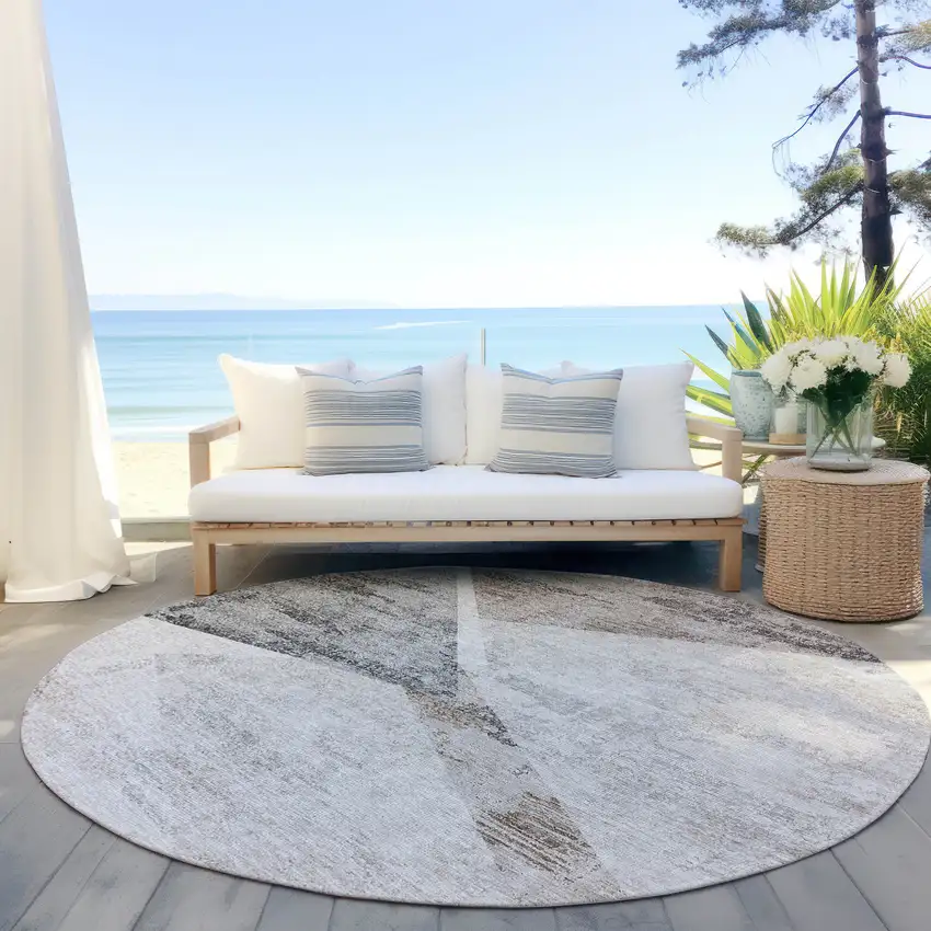 8' Silver Beige And Gray Round Abstract Washable Indoor Outdoor Area Rug Photo 6
