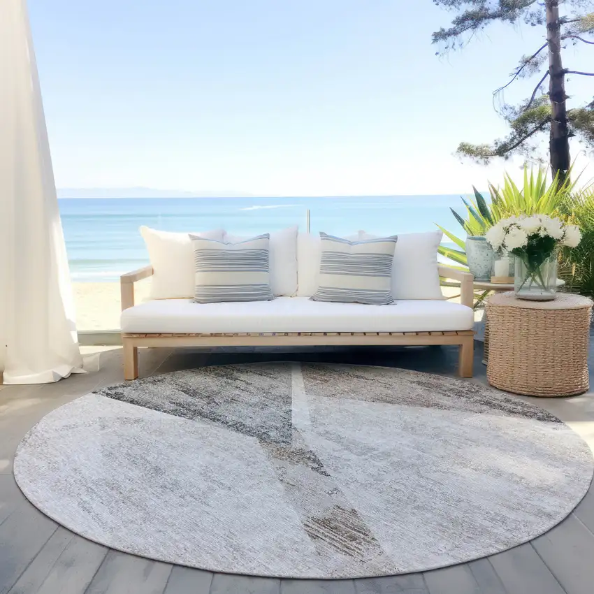 8' Silver Beige And Gray Round Abstract Washable Indoor Outdoor Area Rug Photo 6
