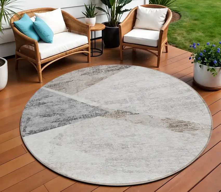 8' Silver Beige And Gray Round Abstract Washable Indoor Outdoor Area Rug Photo 1