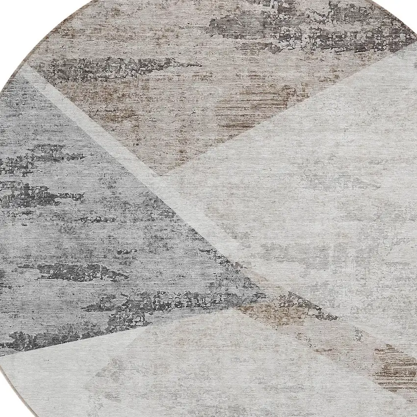 8' Silver Beige And Gray Round Abstract Washable Indoor Outdoor Area Rug Photo 4