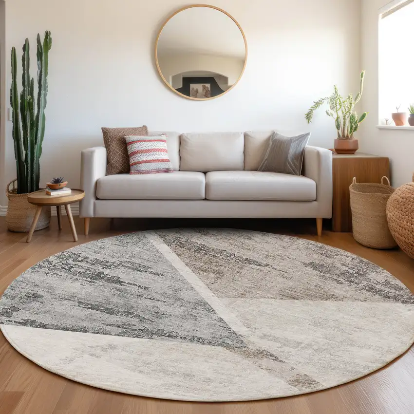 8' Silver Beige And Gray Round Abstract Washable Indoor Outdoor Area Rug Photo 9