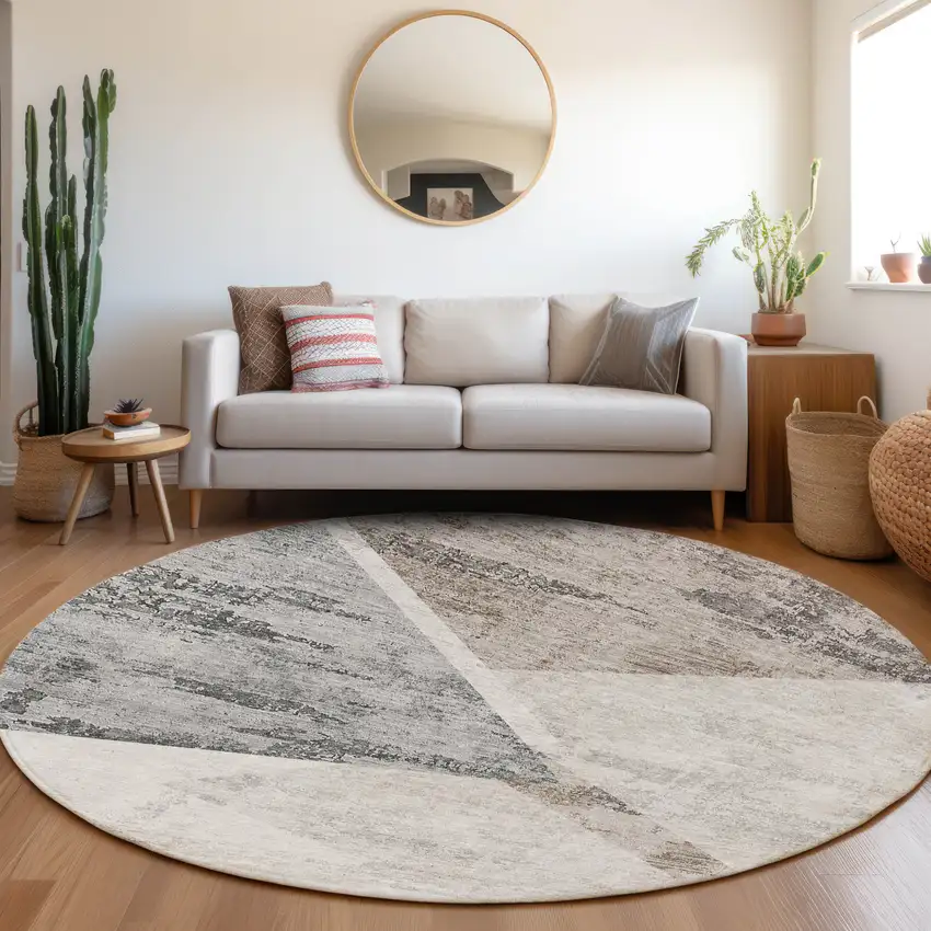 8' Silver Beige And Gray Round Abstract Washable Indoor Outdoor Area Rug Photo 9