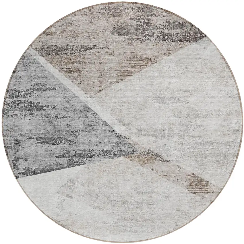 8' Silver Beige And Gray Round Abstract Washable Indoor Outdoor Area Rug Photo 2