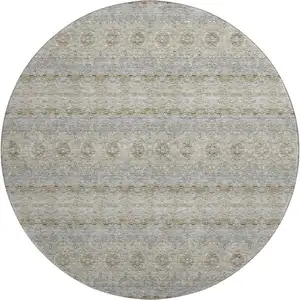 Photo of 8' Silver Beige And Ivory Floral Medallion Washable Round Rug With UV Protection