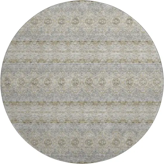 8' Silver Beige And Ivory Floral Medallion Washable Round Rug With UV Protection Photo 1