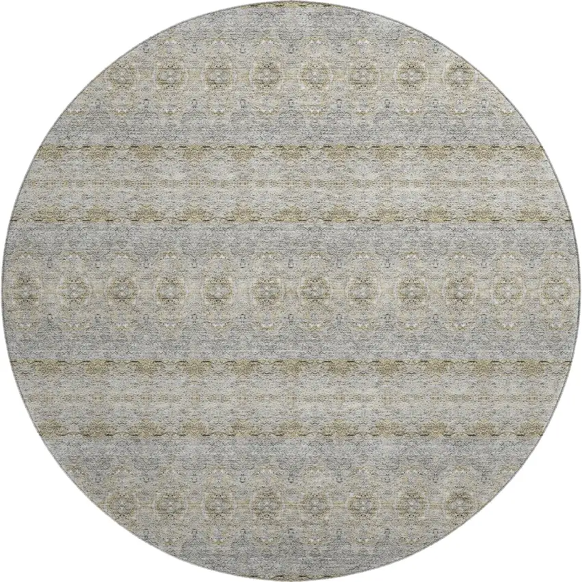 8' Silver Beige And Ivory Floral Medallion Washable Round Rug With UV Protection Photo 1