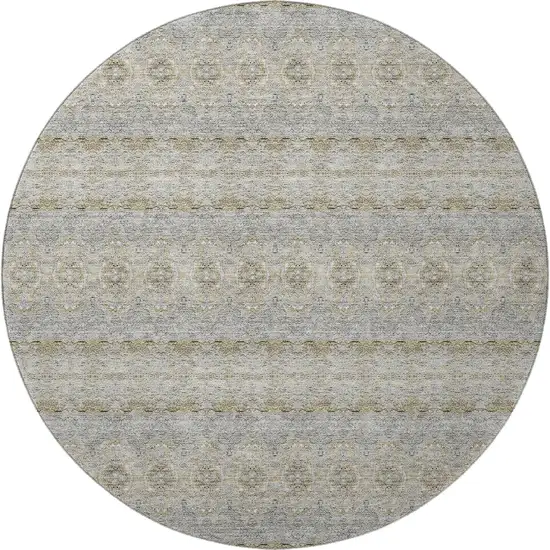 8' Silver Beige And Ivory Floral Medallion Washable Round Rug With UV Protection Photo 4