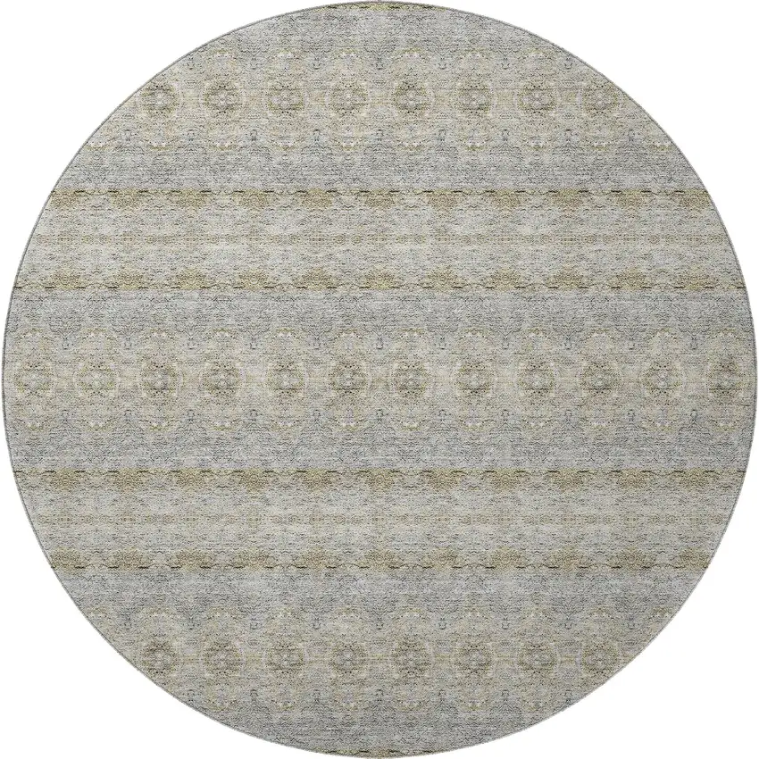 8' Silver Beige And Ivory Floral Medallion Washable Round Rug With UV Protection Photo 4