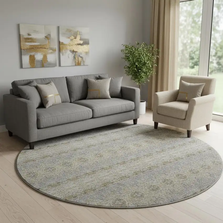 8' Silver Beige And Ivory Floral Medallion Washable Round Rug With UV Protection Photo 1