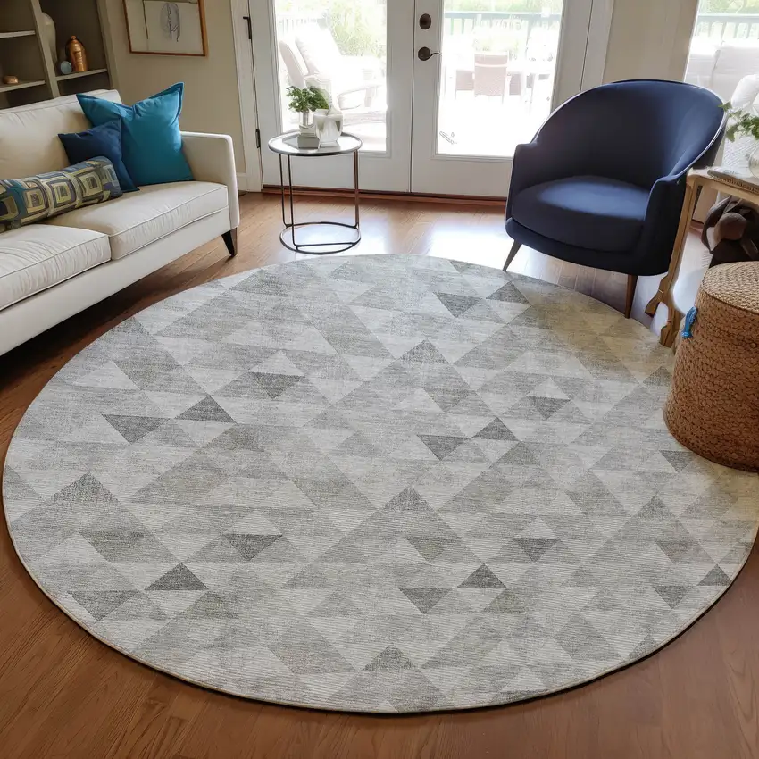 8' Silver Beige And Taupe Round Geometric Washable Indoor Outdoor Area Rug Photo 7