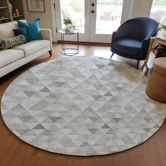 8' Silver Beige And Taupe Round Geometric Washable Indoor Outdoor Area Rug Photo 7