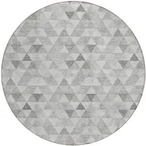 Photo of 8' Silver Beige And Taupe Round Geometric Washable Indoor Outdoor Area Rug