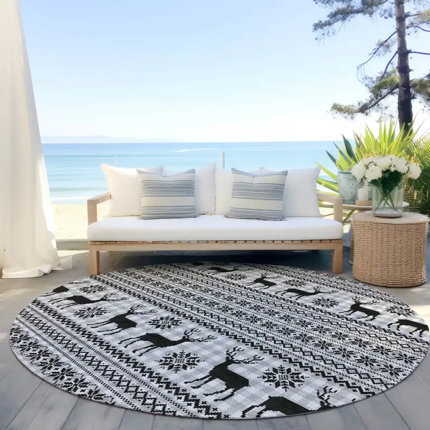 8' Silver Black And Ivory Round Animal Print Washable Indoor Outdoor Area Rug Photo 5