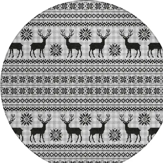 8' Silver Black And Ivory Round Animal Print Washable Indoor Outdoor Area Rug Photo 4