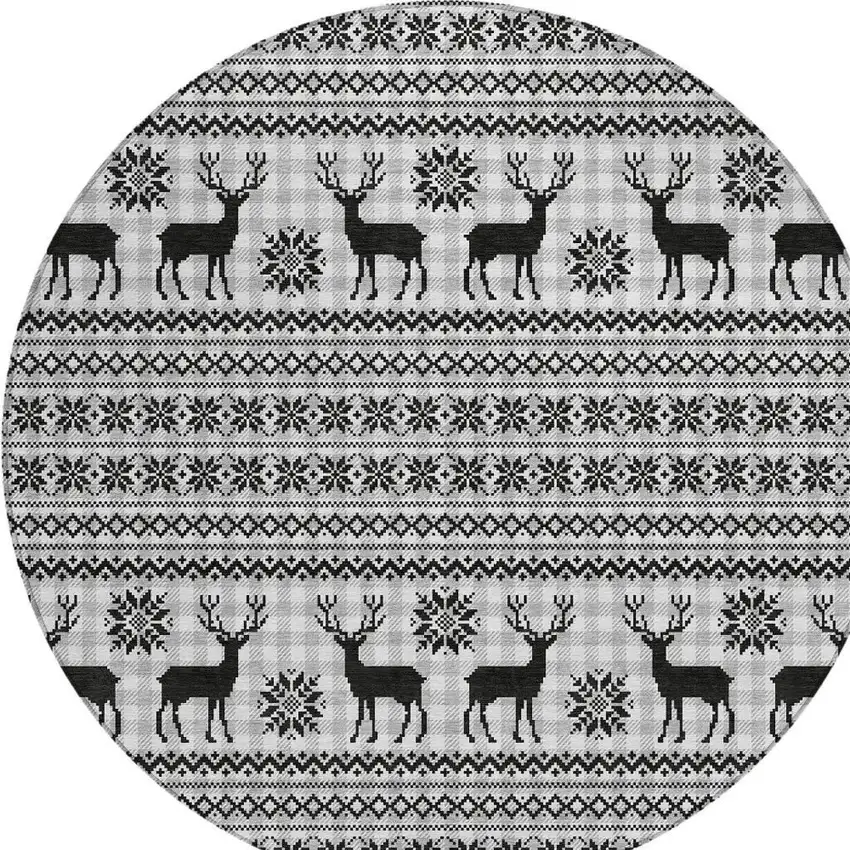 8' Silver Black And Ivory Round Animal Print Washable Indoor Outdoor Area Rug Photo 4