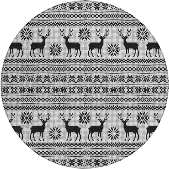 8' Silver Black And Ivory Round Animal Print Washable Indoor Outdoor Area Rug Photo 1