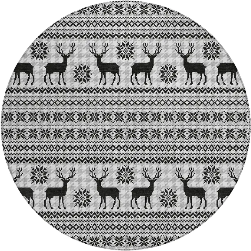 8' Silver Black And Ivory Round Animal Print Washable Indoor Outdoor Area Rug Photo 1