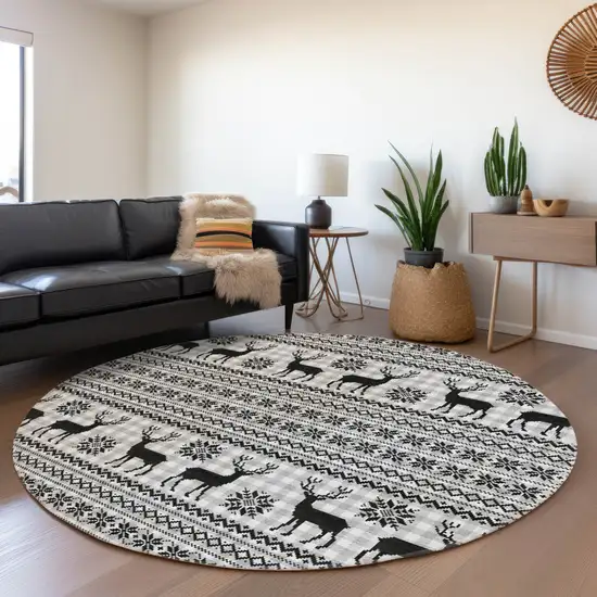 8' Silver Black And Ivory Round Animal Print Washable Indoor Outdoor Area Rug Photo 6