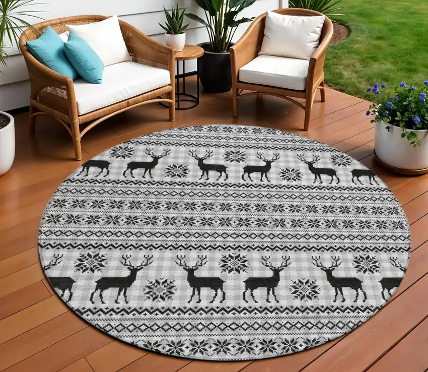 8' Silver Black And Ivory Round Animal Print Washable Indoor Outdoor Area Rug Photo 2