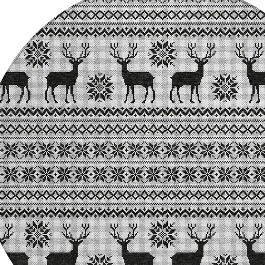 8' Silver Black And Ivory Round Animal Print Washable Indoor Outdoor Area Rug Photo 8