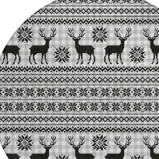 8' Silver Black And Ivory Round Animal Print Washable Indoor Outdoor Area Rug Photo 3