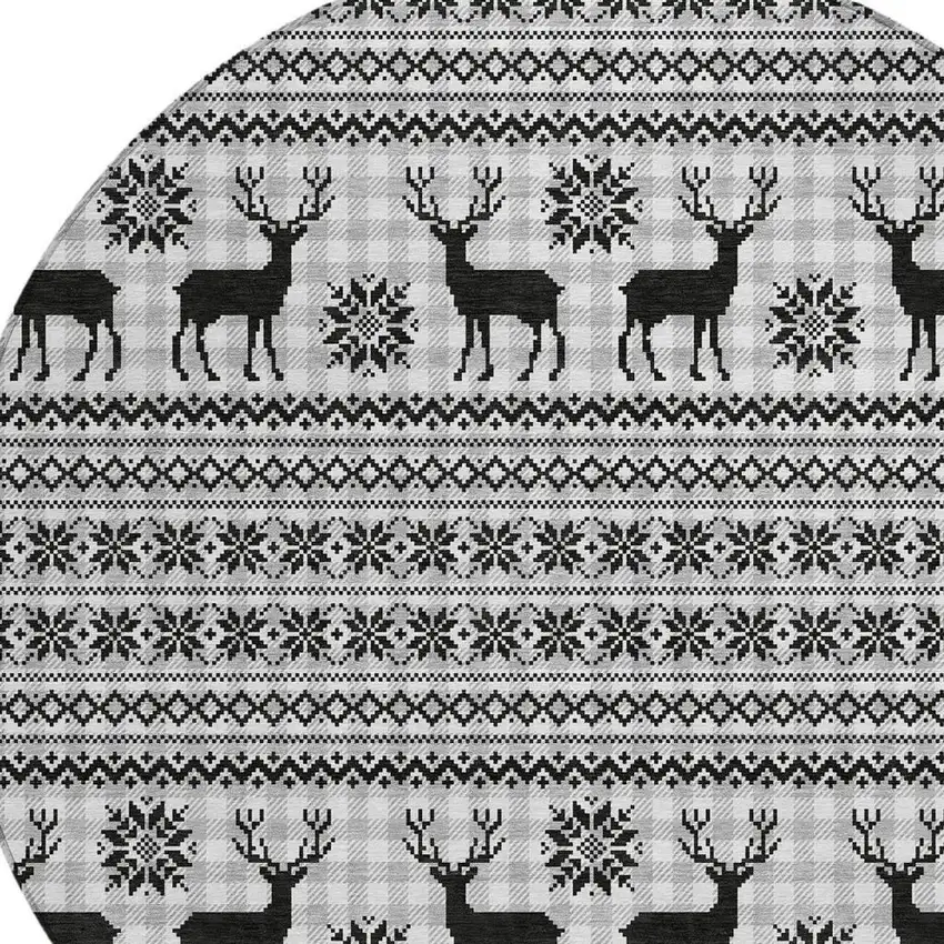 8' Silver Black And Ivory Round Animal Print Washable Indoor Outdoor Area Rug Photo 3