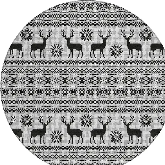 8' Silver Black And Ivory Round Animal Print Washable Indoor Outdoor Area Rug Photo 9