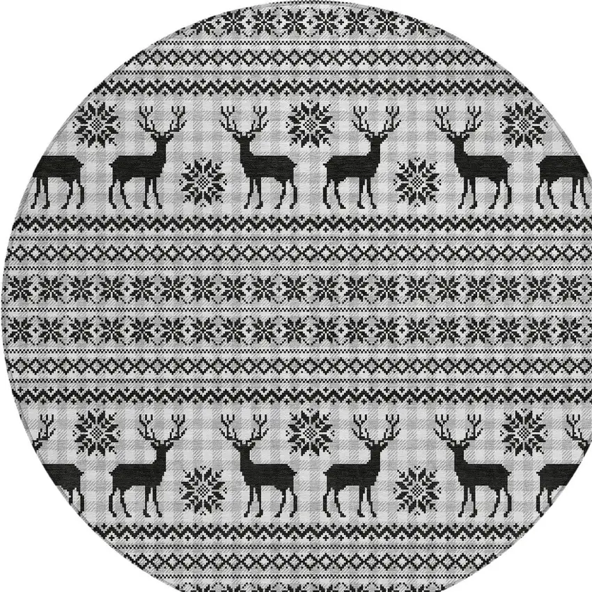 8' Silver Black And Ivory Round Animal Print Washable Indoor Outdoor Area Rug Photo 9