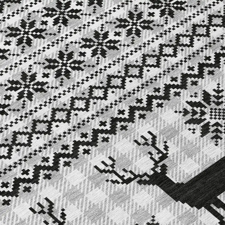 8' Silver Black And Ivory Round Deer Washable Indoor Outdoor Area Rug Photo 9