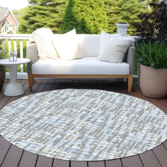 8' Silver Blue And Beige Round Abstract Washable Indoor Outdoor Area Rug Photo 8