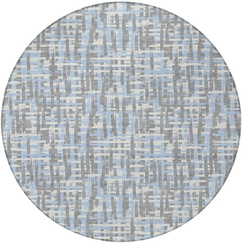 8' Silver Blue And Beige Round Abstract Washable Indoor Outdoor Area Rug Photo 7