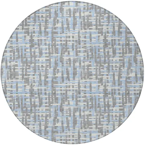 8' Silver Blue And Beige Round Abstract Washable Indoor Outdoor Area Rug Photo 7