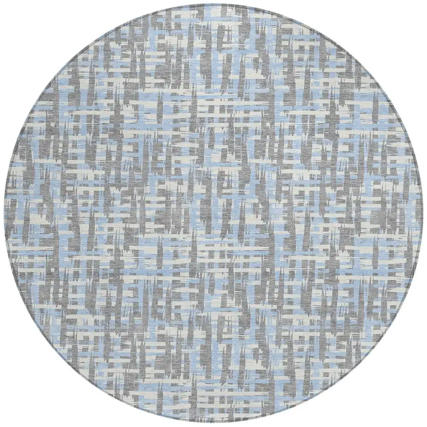 8' Silver Blue And Beige Round Abstract Washable Indoor Outdoor Area Rug Photo 6