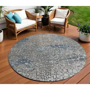 Photo of 8' Silver Blue And Brown Round Abstract Washable Indoor Outdoor Area Rug